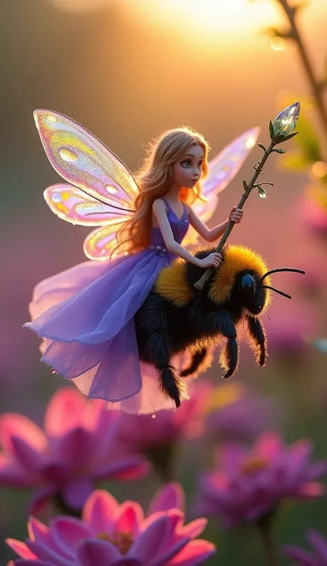 Macro photograph of a tiny fairy sorceress with translucent wings that shimmer with rainbow hues, riding a fuzzy bumblebee. She wears a flowing violet gown, holding a glowing staff made of quartz and entwined vines. The bumblebee is shown mid-flight, its f...