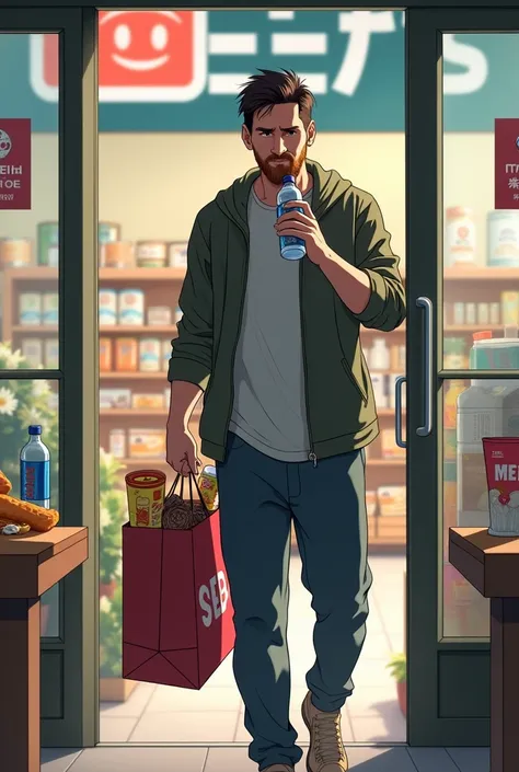 Messi Carry a shopper full of chocolate And snacks and  water bottle with one hand and enjoying and drinking water bottle with another hand, background grocery store getting out from grocery store with the naming logo of celestial anime 