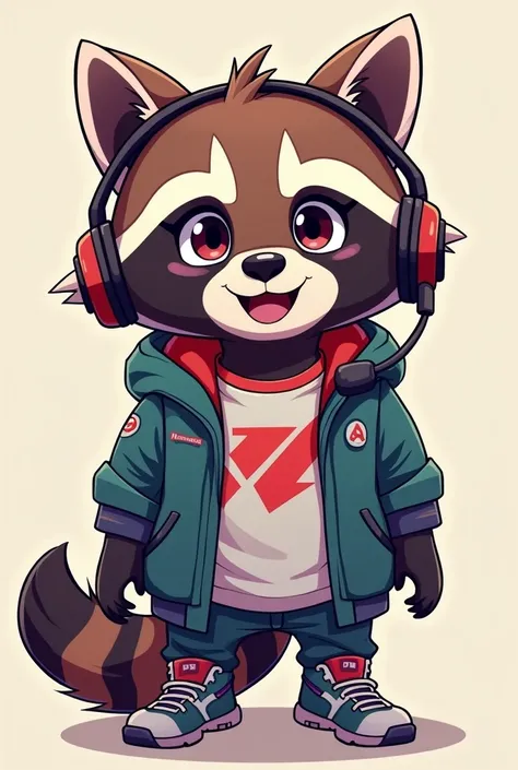 A 2D anime raccoon with PC gamer clothes with eyes open and voice open
