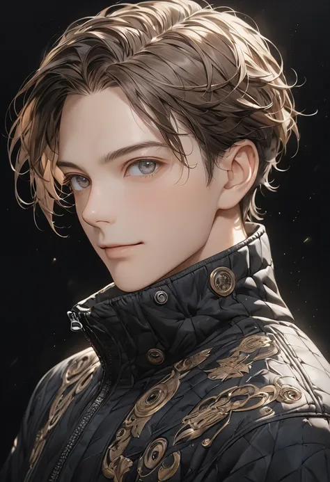  Handsome Mature Young Boy Dynamic Full Body Photo ,  Close-up of brown haired man wearing black windproof jacket(  perfect anatomy )  Face Side Close-up . Detailed face.  realistic eyes .  Face and Eyes Very Fine .  thin skin .、 thin skin  texture smile, ...