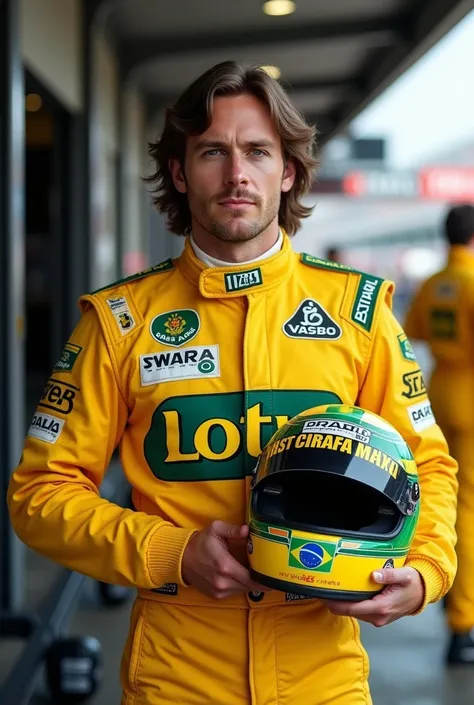 Generate the image of a Formula 1 pilot white man with medium brown hair with the Brazilian helmet in his hands and wearing the 1989 yellow Lotus uniform