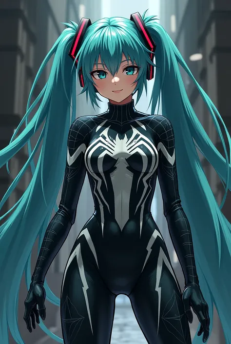  anime style　Hatsune Miku, who is parasitized by Venom and is full of strength 、Hatsune Miku with the villains fearless smile 、 wears a Venom suit with Spider-Man style patterns all over her body、 are posing 、 I have Venom all over my body looking like a b...