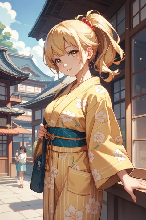  Japanese woman in her 20s、cute、Whoa whoa cry 、 ponytail、Yellow Yukata、 is a group of buildings in the background、 moonlight