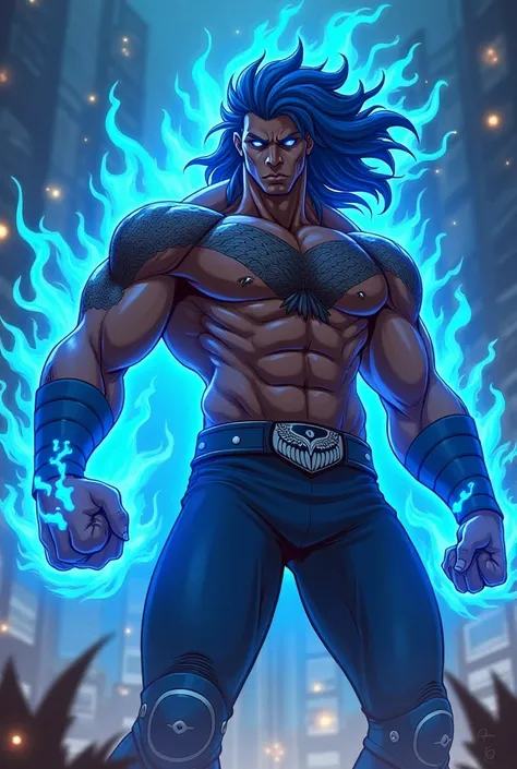  Black man with blue eyes and hair ,  wrestler in power with a blue fire on his right hand, owl tattoo Anime 