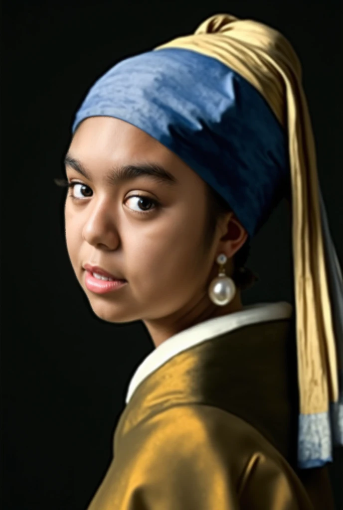 Recreate the "Girl with a Pearl Earring" by Johannes Vermeer as a real person. Used the face of reference model to recreate the "girl with the pearl earring" 