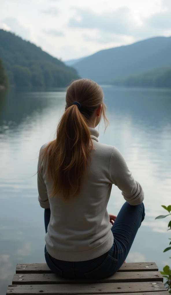 A 37-year-old woman sitting on a dock overlooking a peaceful lake, wearing a turtleneck.