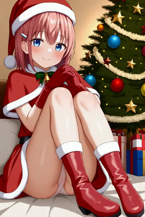  girl、smile、Children、 Santa Claus、Santa hat、Red gloves、Santa Dress、see through panties, boots、 Christmas tree