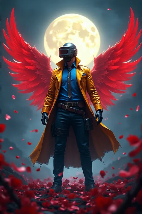 "A dynamic thumbnail design featuring a pubg hitman set character in vibrant gold and blue, standing against a dramatic background with a glowing moon. The scene includes red cherry blossom petals and ethereal red wings for added visual flair. The text CUS...