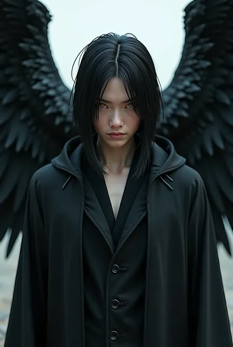 young man, demigod,  a cold and intimidating look , with straight black hair ,  her golden and penetrating eyes ,  her black wings that also stand out