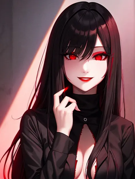 Horror woman, red light eyes, smile, long hair black, dark, she is solo, red lipstick,