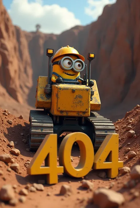 Minion the excavator is driving in a crater and in front of him is a sign that says 404