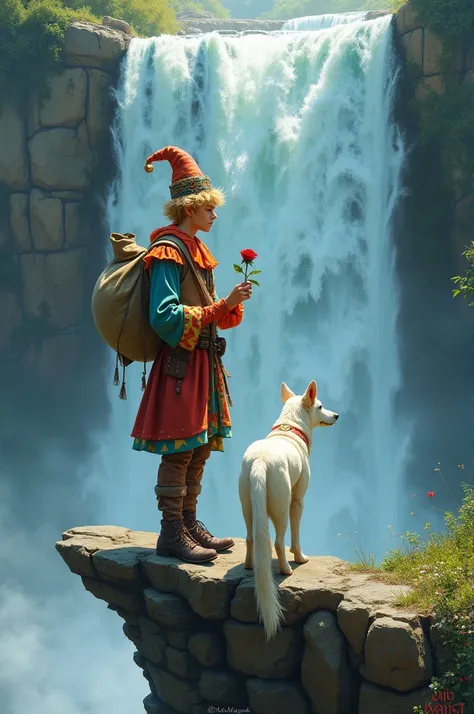 Blond man at the tip of the waterfall in a jester suit with a sack on his shoulder and a rose in his hand and a white dog 