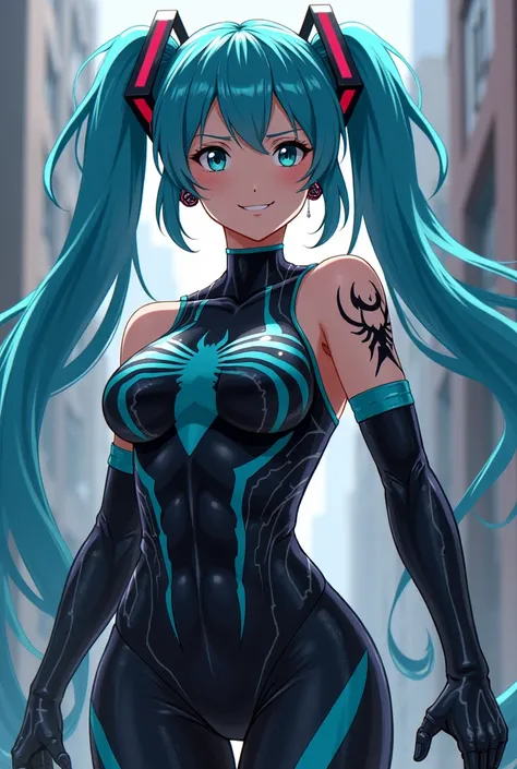  anime style　Hatsune Miku, who is parasitized by Venom and is full of strength 、Hatsune Miku with the villains fearless smile 、 Im wearing a Venom suit with Spider-Man style patterns all over my body、 are posing 、I have Venom looking like a bodysuit all ov...