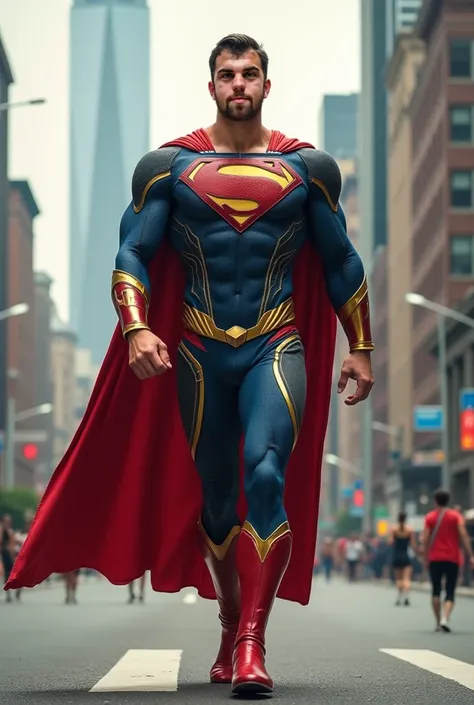 A MAN DRESSED AS A SUPERHERO WALKS CONFIDENTLY