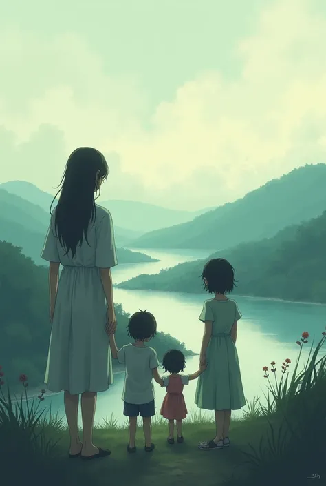 landscape, anime type. concept:  an infidelity . The woman ( sad wife with her two ren )  the man far away with the other woman, Also sad . 