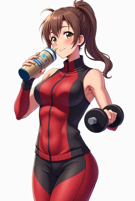 make a very attractive girl with drinking a protein shake and is lifting weights "dumbbells" she has big biceps she is wearing a make a red and black "tracksuit" white background Anime style