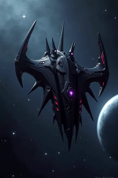 A dark and ominous starship resembling the Nemesis from Transformers: Prime, featuring sleek, jagged, and spiked designs with a futuristic Decepticon aesthetic. The ship is predominantly black with glowing purple or red accents, emphasizing its menacing pr...