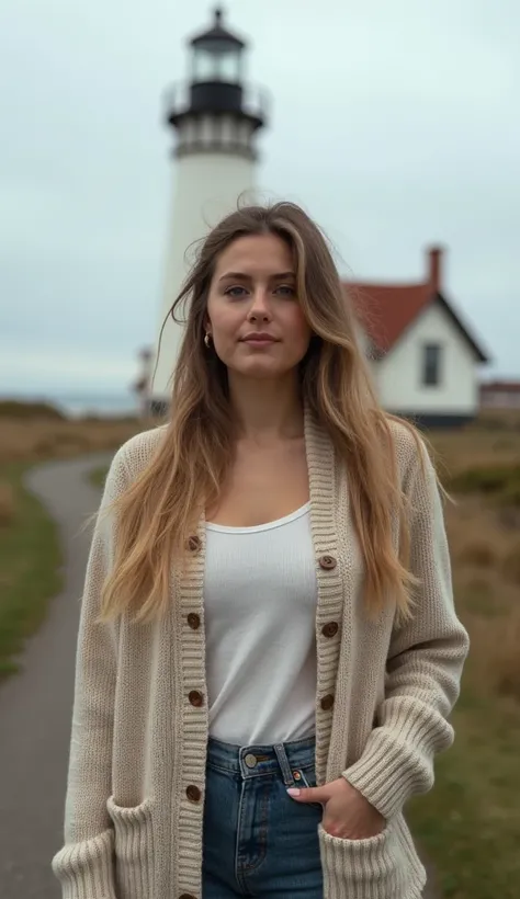 A 36-year-old woman standing near a historic lighthouse, dressed in a buttoned-up cardigan.