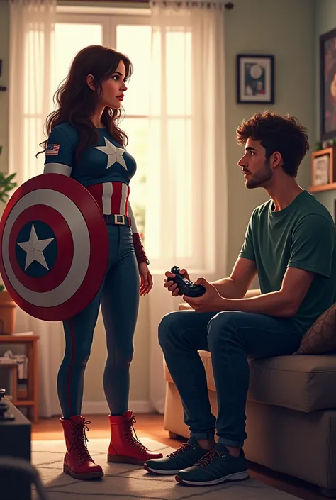 Mia (holding a Captain America shield):
"Jake, we need to talk about the future of superheroes! Who’s your favorite right now?"

Jake (holding a PlayStation controller, looking puzzled):
"Superheroes? Uh... does The Last of Us count? There are definitely s...