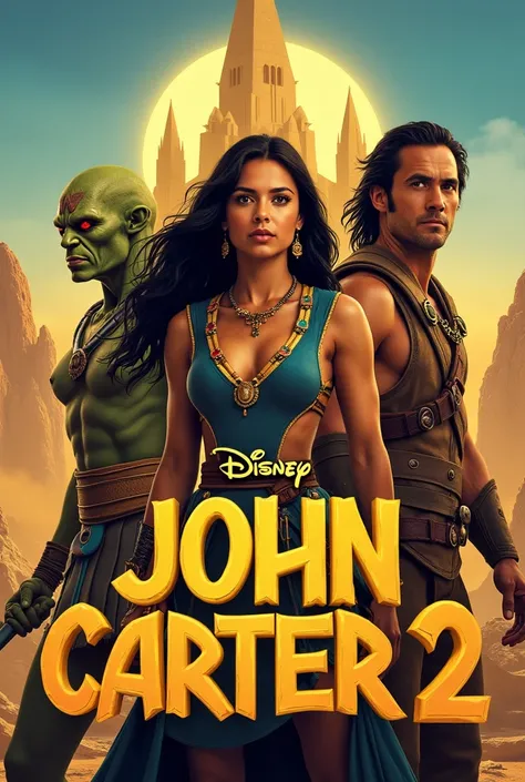 Create a poster for the movie "John Carter 2". The poster has a main color tone of yellow, brown and blue, creating a sense of adventure, mystery and fantasy. The poster layout focuses on the image of the three main characters in the center, along with the...