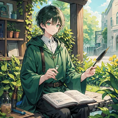 The short-haired wizard man in green is observing colorful medicinal herbs with a magnifying glass
