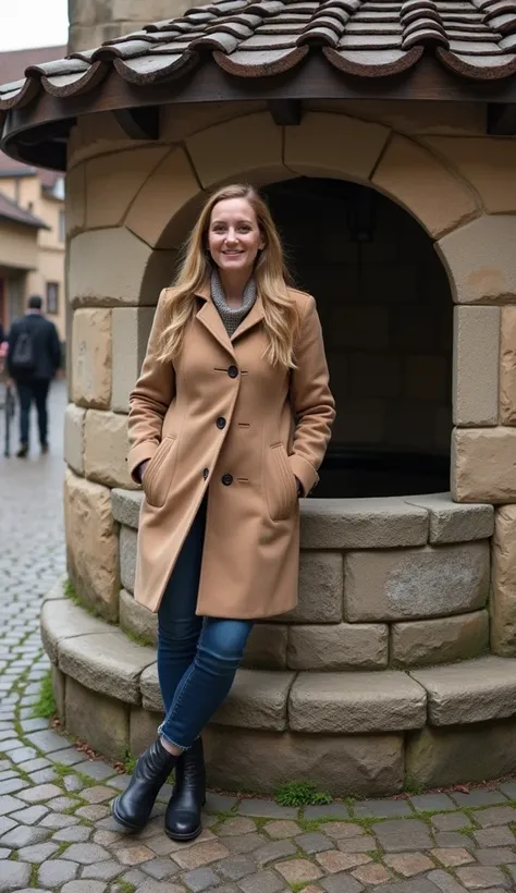 A 37-year-old woman posing beside a quaint cobblestone well, wearing a warm coat.