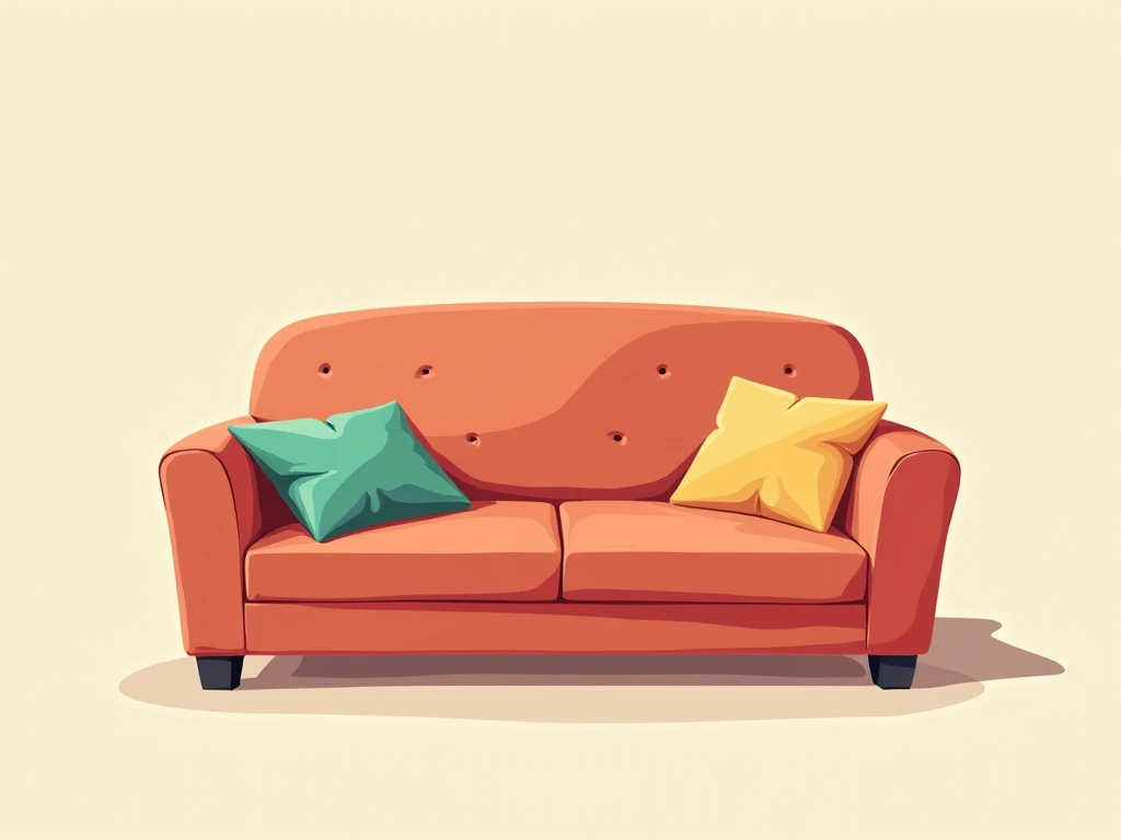 cartoonish, an empty sofa close to a couple of pillows as if someone was sitting on them, without people around