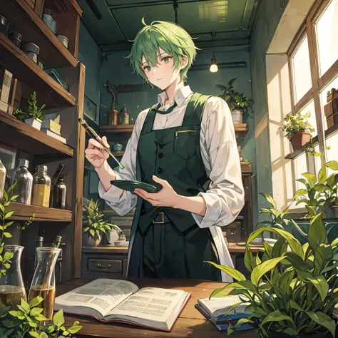 The short-haired wizard man with green hair is observing medicinal herbs with a magnifying glass in an old laboratory
