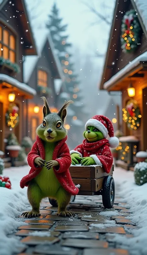 "An enchanting Christmas village scene featuring an adorable squirrel dressed in a cozy red Santa coat and hat, pushing a wooden cart with the mischievous Grinch sitting inside. The Grinch, with his signature green fur and playful smirk, wears a festive re...