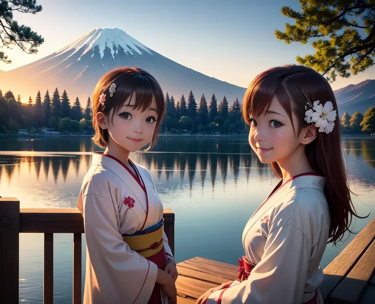  top quality、The lakeside in front of the mountain 、Mount Fuji、summer、 evening 、 the sunset is beautiful 、Outside the house、 young girl、 the smile on the screen 、 beauty with attention to detail、 picnic 、 open the parasol 、kimono、 Taisho Romance 