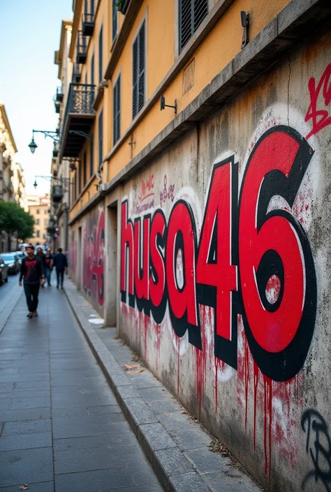 Husa46 painted on a wall in the streets of Naples in red and white