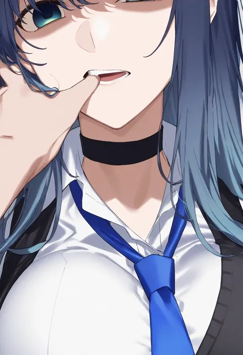 masterpiece, best quality, 1girl, solo, akane kurokawa, blue hair,, white shirt, blue necktie, choker, black vest, large breasts, close up, finger in another mouth, empty look, portrait view