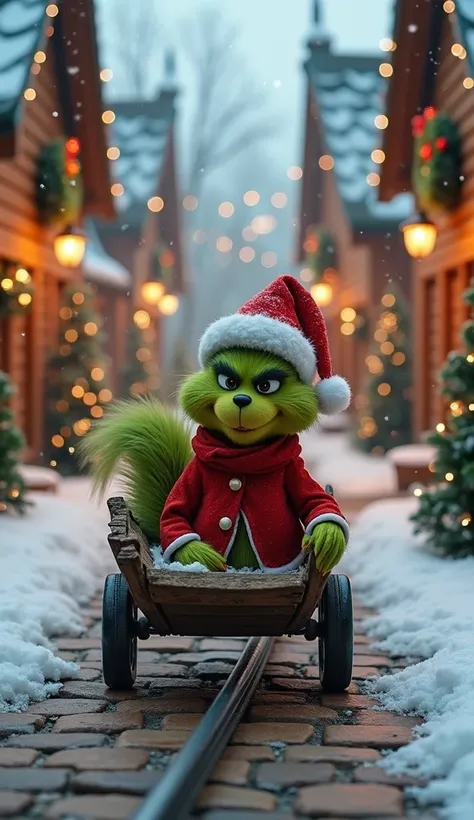 "An enchanting Christmas village scene featuring an adorable squirrel dressed in a cozy red Santa coat and hat, pushing a wooden cart with the mischievous Grinch sitting inside. The Grinch, with his signature green fur and playful smirk, wears a festive re...