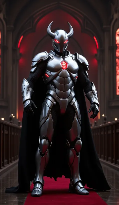 A full-body image of a muscular adult male, possessed by a demon, wearing the Holy Knights Armor with deep red glowing eyes. He stands boldly in a mysterious black and red church, the composition emphasizing his commanding presence. The lighting is dramati...