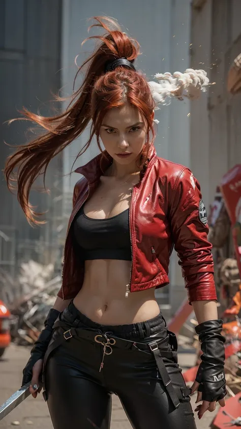 4D realistic animation painting of a fierce, street figther character as known as karen gillan with red hair styled into a high ponytail, swing the big sword with karate pose, flowing dramatically. She wears a glossy red leather jacket over a black crop to...