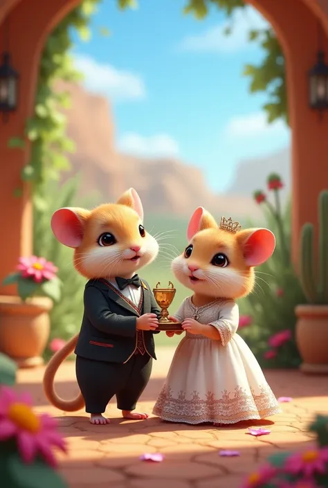 Two light-haired hamsters: the male calls Leonardo and the female one calls Kira, do both in a suit and the other in a dress getting married in Mexico 