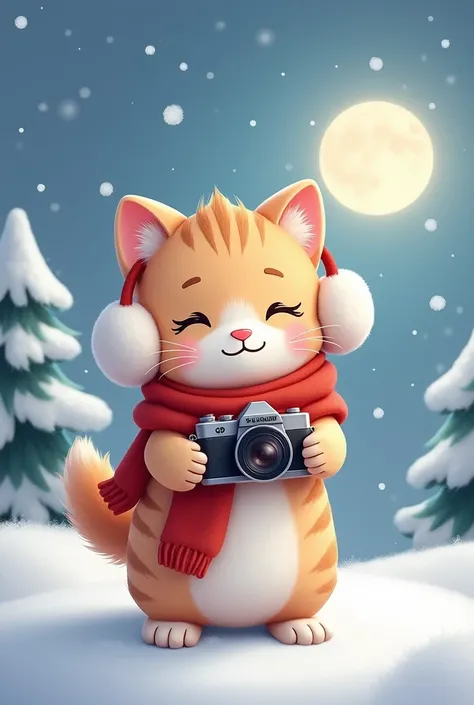 main character： A furry anime-style kitten ， Wearing a red scarf and earmuffs ， with a camera in hand 。background： A peaceful winter landscape ， A furry anime-style kitten {x} A snow-covered pine tree and a soft full moon。 Snowflakes fluttering softly in t...