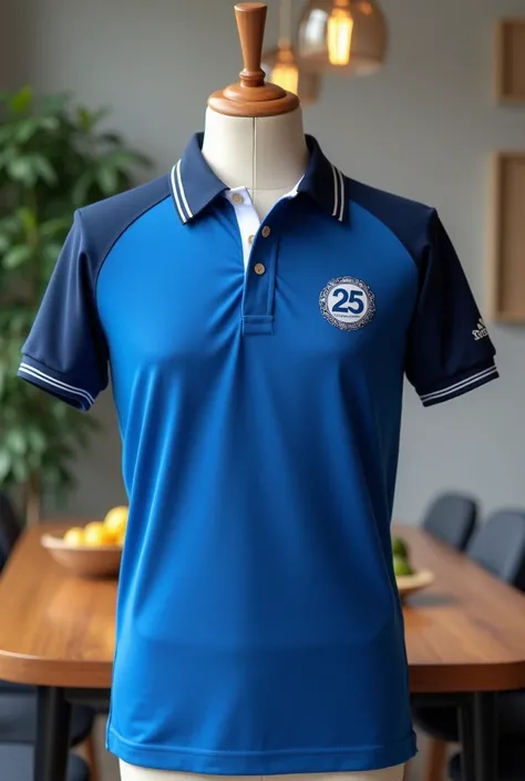 " A blue polo shirt with a modern and professional look ,  featuring a white collar with buttons and sleeves Navy with a small white detail. In the left chest area ,  there is a blue logo embroidered with stylized text GRUPO LIME and a number 25 highlighte...