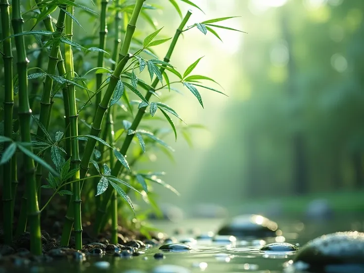 The picture shows bamboo made of glass, with water droplets sliding down the leaves and a blurred green background with the ground.