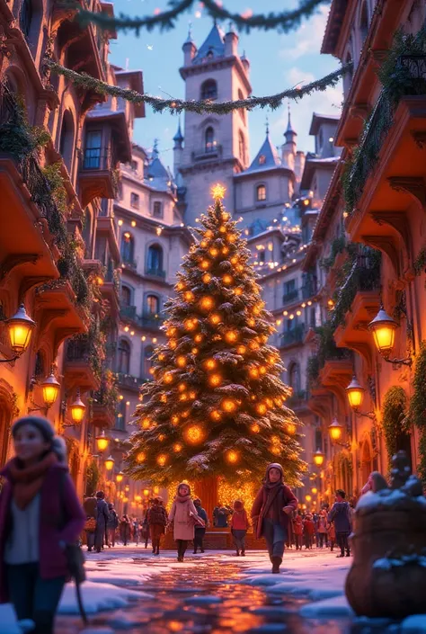 Beautiful architecture, street scene, snow, warm yellow lights, a Christmas tree and some pedestrians