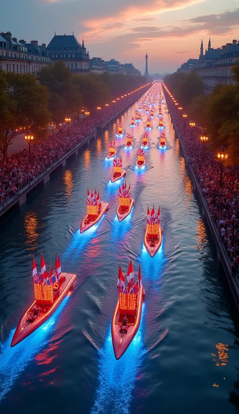 A visually stunning scene where the river Seine is lined with thousands of spectators watching athletes parade in sleek, modern boats. The boats are decorated with shimmering lights and patriotic symbols, creating a festive and glamorous atmosphere."