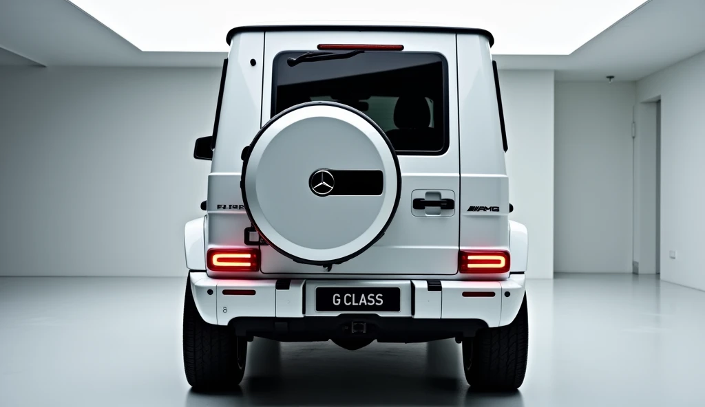 A luxury SUV, specifically the Mercedes-Benz G-Class AMG, captured from a rear-angle view in a sleek indoor studio setting. The vehicle is painted in a pristine white color with a glossy finish. Its signature boxy design is highlighted, with the spare whee...