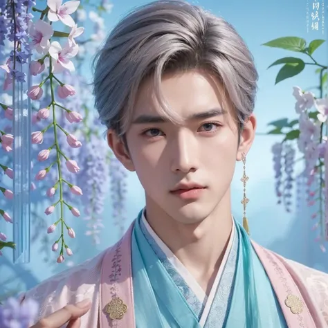 Handsome Chinese man, brown eyes, white hair, short hair, wearing light pink and turquoise hanfu, blue wisteria background