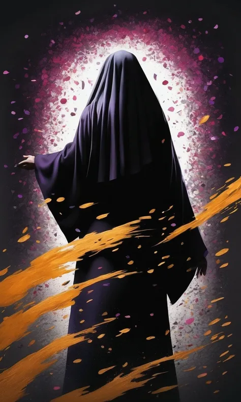 masterpiece, Minimalism, two-color style, only use two-color abstract painting in (dark gray) and (dark purple), confetti:1.5, very small silhouette:0.5 of back view of Japanese nun, the nun (raises her right hand hight), confetti falls like rain of petals...