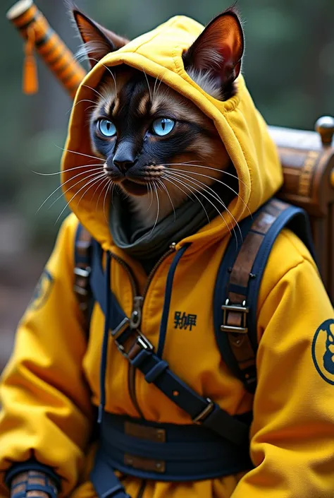  Samurai Siamese cat cyberpunked 4k yellow hoodie with black details and double straps,  the cat holds a scroll cylinder on its back , double blade sword with serpentine of fire ,  guardian spirit of a furious lion showing the fangs  