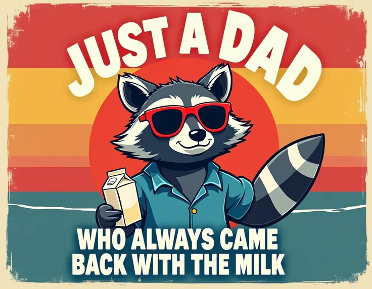 This image has a retro, humorous design featuring the following elements:

Main Character: A cartoon raccoon depicted in a cheerful manner. The raccoon is wearing red sunglasses and a blue collared shirt. It holds a carton of milk labeled "Milk" in one han...