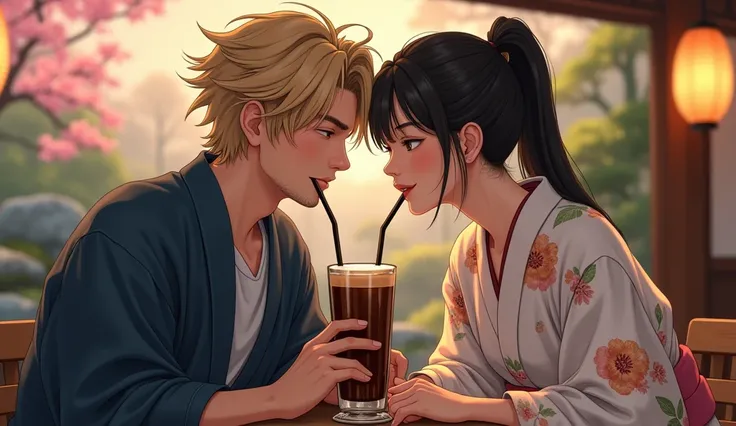 A hyper-realistic image of a young American man and a young Japanese woman sharing a single glass of chocolate drink, each sipping through their own straw. The man has messy blonde hair, light skin, and distinct Western facial features. His expression is p...