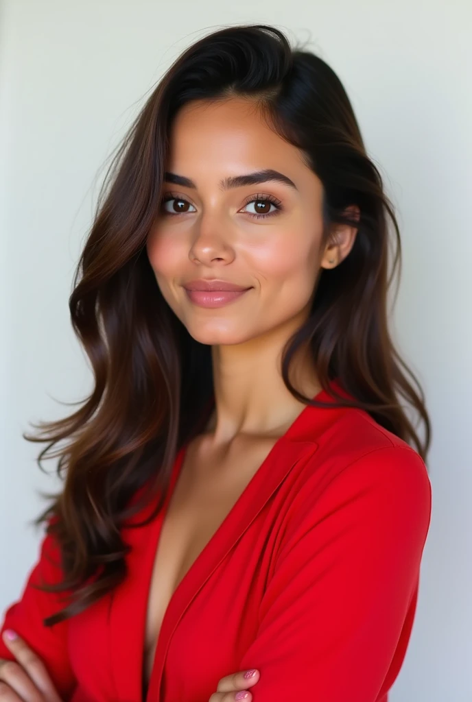 Photo of a young white Brazilian woman with clear skin**** woman with long dark brown hair wearing red clothes. She has a professional look and looking at the camera with her full figure in the frame. The white background The image has soft lighting and is...