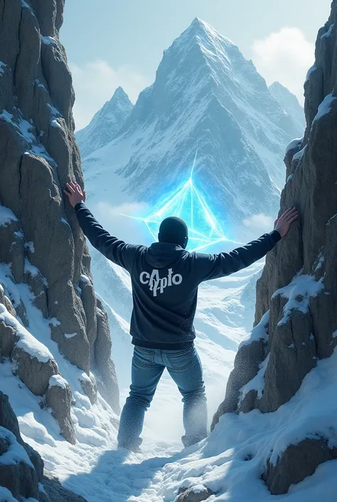 A picture of masked man pushing a snow capped mountain and breaking the mountains 
Whos shirt was written with word AI at back and crypto in front.
And imagine should be with dazzling blur diamond in mountain crack 