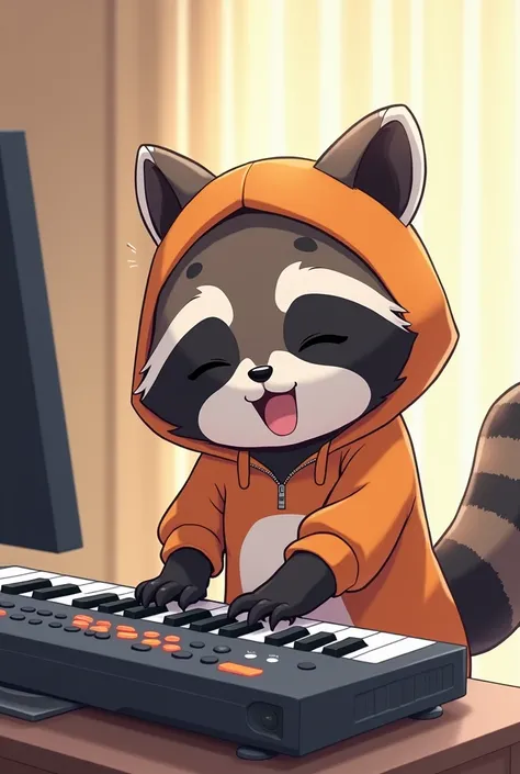 a 2D otaku raccoon wearing kangaroo clothing simulating playing with a keyboard with his eyes closed and his voice open